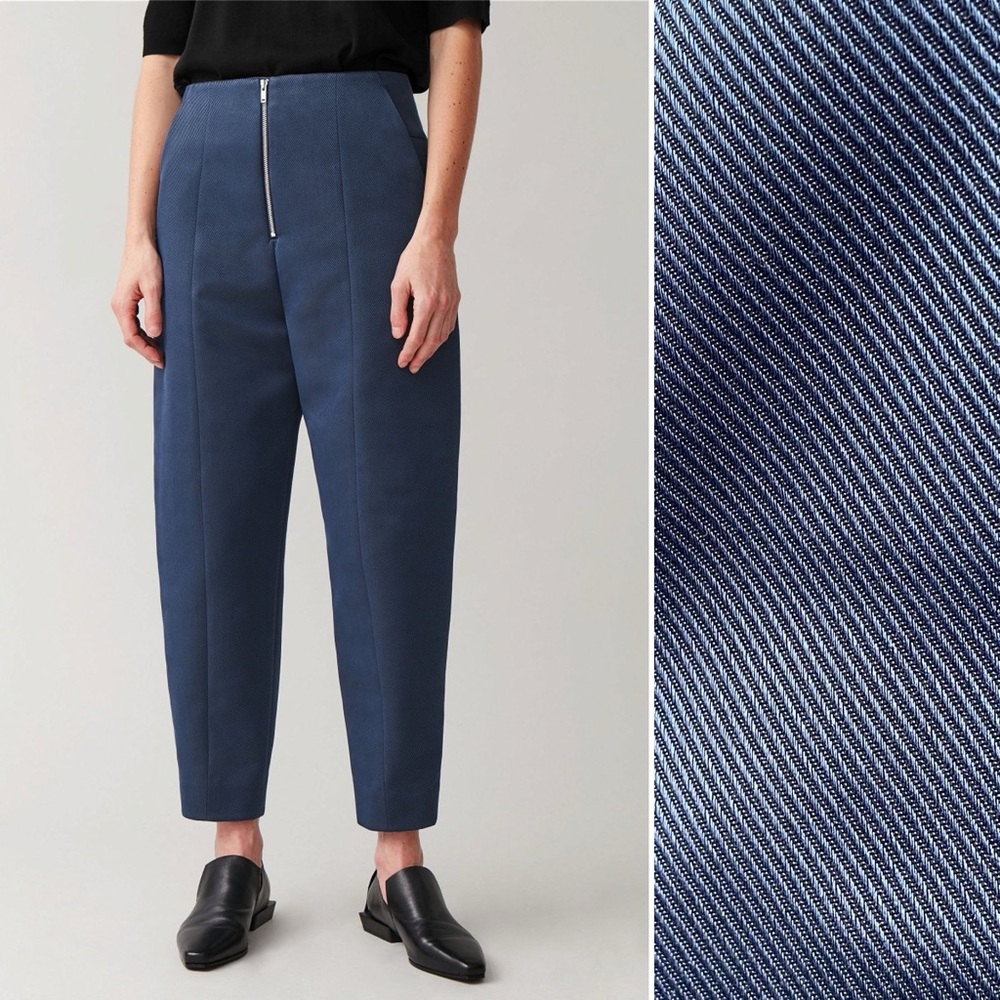 COS Cropped Trousers Textured Fabric Navy Blue Tapered Pegged Pant Minimalist 8